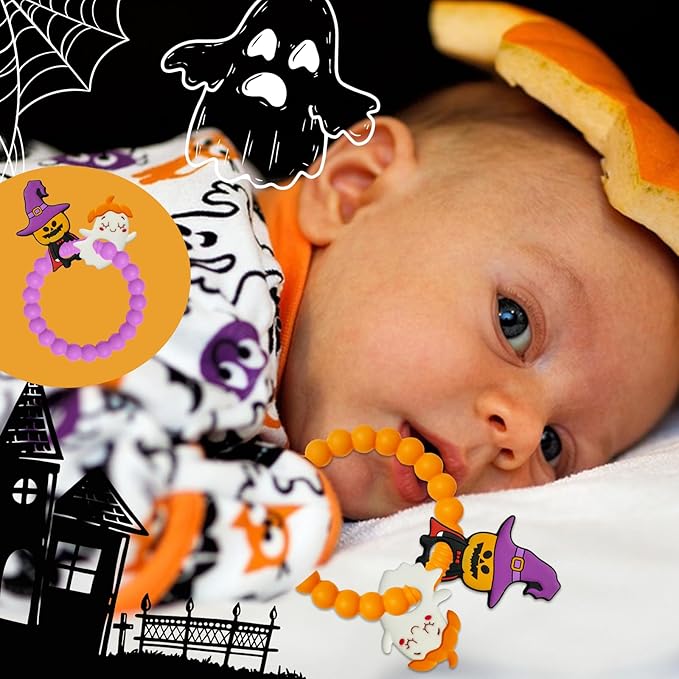 BIGSPINACH Halloween Teething Ring, Silicone Baby Teether with Witch and Cat Design, BPA-Free Infant Teething Toy, Easy to Hold,Safe for Babies and Toddlers (Colorful, Spooky Scarecrow) 2PC