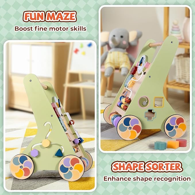 BAUTIA Wooden Baby Walker for 12 Months, Montessori Walker Push Toy for Toddlers Learning to Walk, Push Walker Baby Activity Center for Boys and Girls