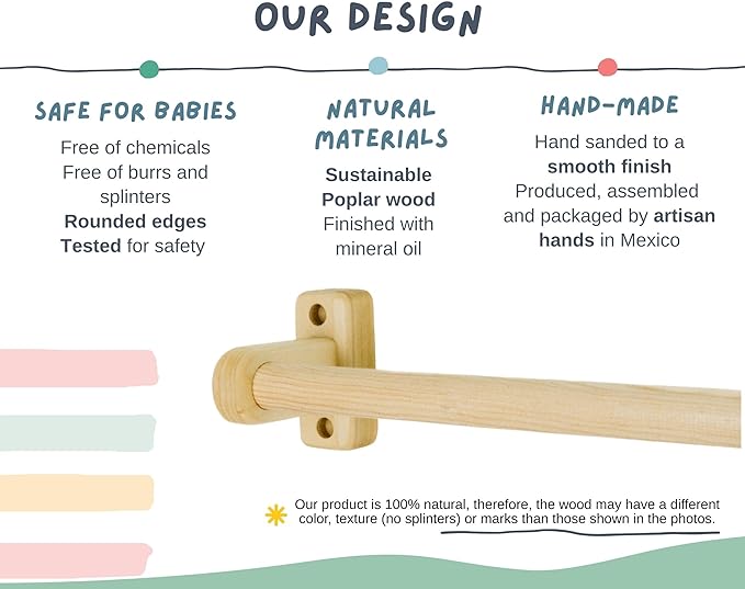 32.5 in. Long Montessori Pull Up Bar for Babies | Excercise Guide, Hand-Made, Assembled, Quality Wooden Toy Bar for Infants, Ballet Bar for Toddlers.
