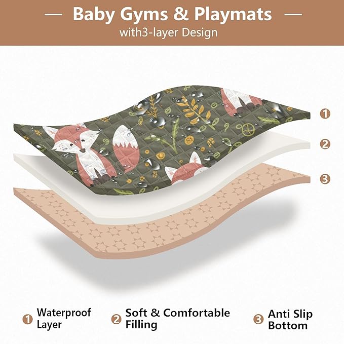 Animal Foxes Leave Green Baby Playmat Washable Playroom Crawling Mat Non-Slip Play Mats for Floor 50x50 Playpen Mat