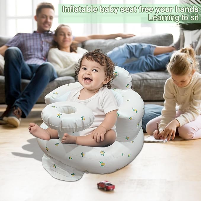 Inflatable Baby Seat for Babies 3-36 Months, Baby Chair with Fence & Built in Air Pump, Blow Up Floor Baby Seat with Back Support, Baby Chair Sit Me Up Olive-Tray