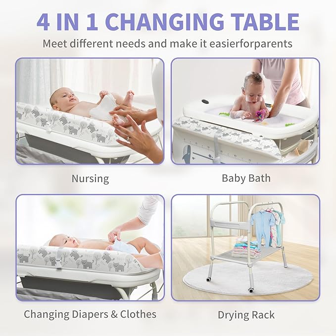 2 in 1 Baby Bathtub with Changing Table, DEYGIA Waterproof Diaper Changing Station Portable Changing Table Adjustable Height Nursery Organizer with Storage Rack for Newborn Infant Toddler, Cat Pattern