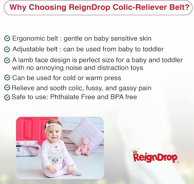 ReignDrop Colic Relief for Newborns – Gas Relief Set with Belly Band, Gel Pack, Storage Bag – Soothing Calming Warm or Cold Compression Baby Belly Belt (Lamb Gel Pack)