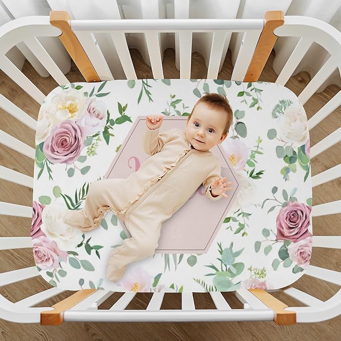 Personalized Mini Crib Sheets with Name, Custom Name Baby Pack and Play Sheets for Girls, Name Pack n Play, Customized Soft Fitted Sheet with Name (Floral), 39x27x5 Inch