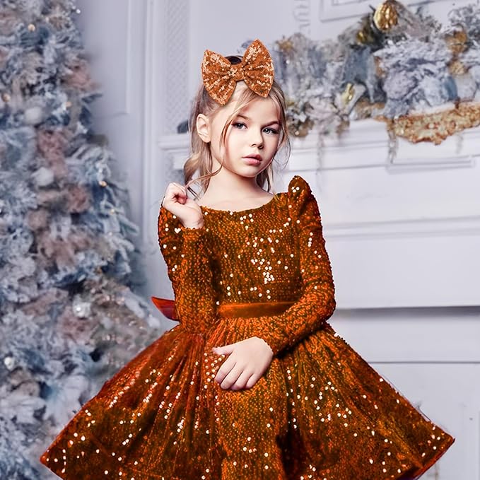 Hair Bows: Sequined Alligator Hair Clips with Big 5" Orange Bows for Girls, Babies, Toddlers, and Teens