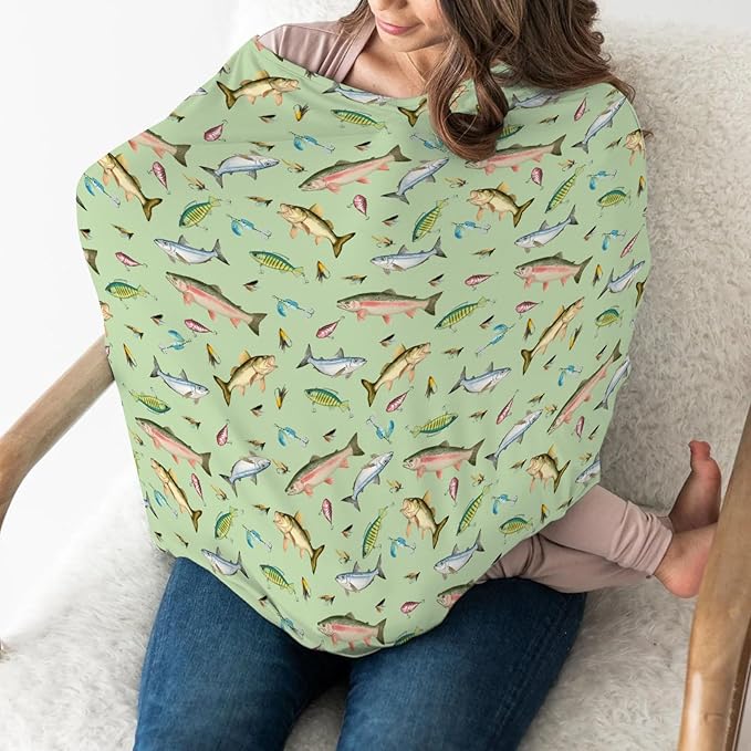 Fishing Baby Car Seat Covers Freshwater Fishes Lures Stretchy 5-in-1 Cover Adjustable Infant Carseat Canopy Cover Lake Outdoors Fishing Lovers Gift Breathable Nursing Cover-Up