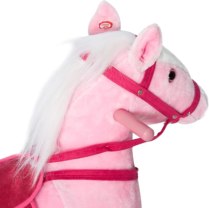 Qaba Kids Rocking Horse Plush Ride On Toy Toddler Rocker for Boys Girls Gifts with Realistic Sounds, Pink