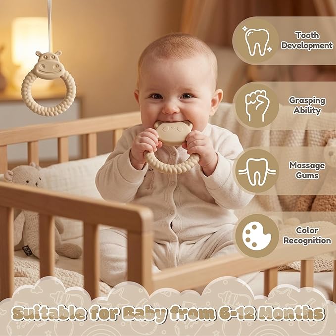 Silicone Teething Toy for Babies - 2ooya 2Pcs Bear Animal Theme Teething Ring Relief Chew Toy Infant Sore Gums Pain Soft Food Grade Silicone Teethers for Toddler 6-12 Months Birthday Baby Shower