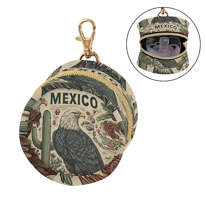 Pacifier Holder with Clip Pacifier Case for Diaper Bag Round Baby Pacifier Pouch Box Bag Portable Mexico American Eagle Cactus Beige