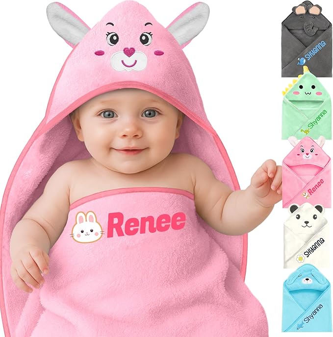 Personalized Baby Towels Hooded with Name, Custom Toddler Coral Velvet Fleece Bath Towel with Hood for Girl Boy, Customized Newborn Gifts - Printed (Pink Rabbit)