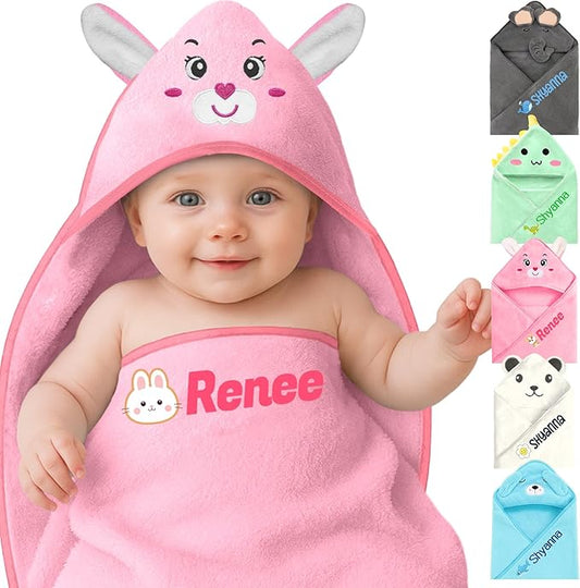 Personalized Baby Towels Hooded with Name, Custom Toddler Coral Velvet Fleece Bath Towel with Hood for Girl Boy, Customized Newborn Gifts - Printed (Pink Rabbit)