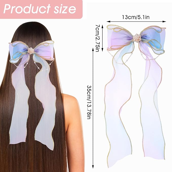 Qianyu 2 PCS Hair Bows for Girls Colorful Little Princess Lace Mesh Hair Clips Extended Ribbon Can Braid Summer Rainbow Bows Alligator Clips for Toddlers Baby Girls Kids Teens (Purple+Blue)
