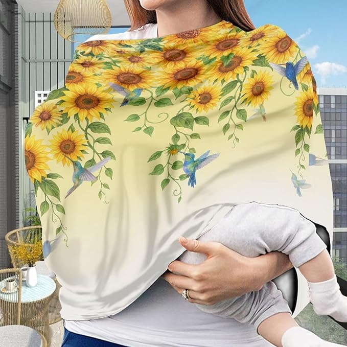 Binienty Gradient Sunflower Hummingbird Women's Nursing Cover Breastfeeding Scarf, Stretchy Multi-Use Infant Stroller Covers, Baby Shower Gifts