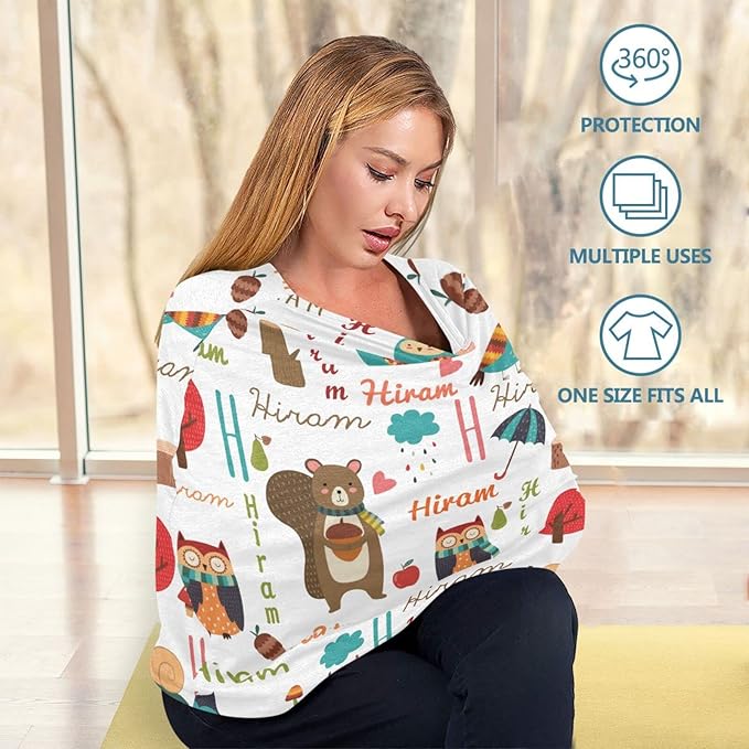 Personalized Name Car Seat Covers for Baby Girl Boy, Customized Infant Summer Carseat Sun Shade Cover, Breathable Stroller Canopy, Newborn Nursing Cover Breastfeeding Scarf, Jungle Animal