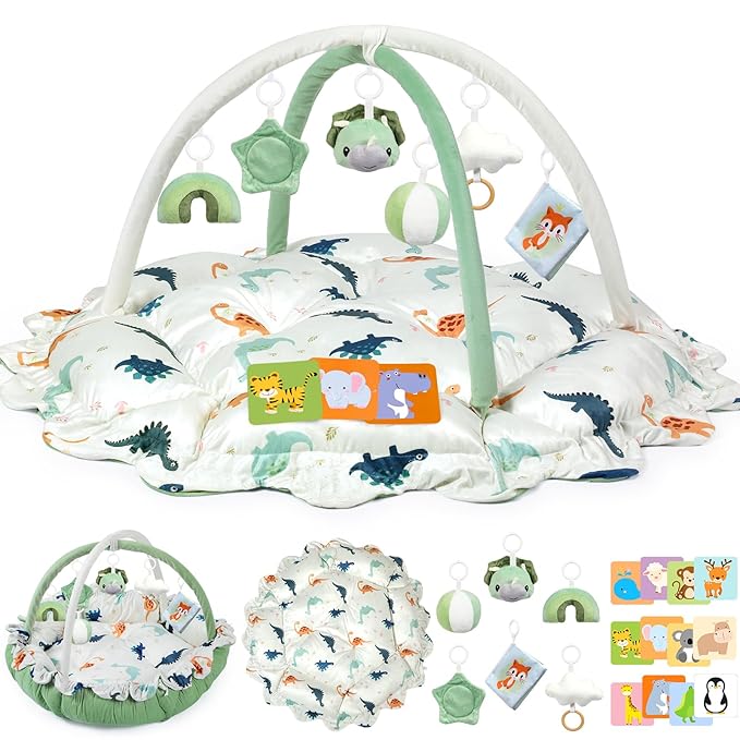 5-in-1 Baby Gym Play Mat with Cartoon Pattern, Extra Thick Plush Tummy Time Activity Gym with Hanging Toys, Sensory Development & Motor Skills Training Floor Mat, Dinosaur