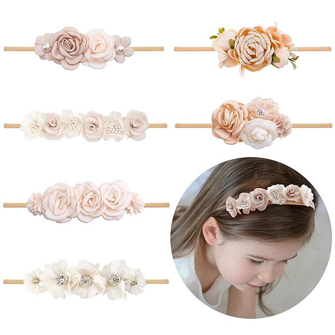 Baby Girl Flower Headband 6 PCS Elastic Hairbands Handmade Nylon Bows Headbands Chic Floral Hair Accessories Kids Gifts for Newborn Infant Toddlers