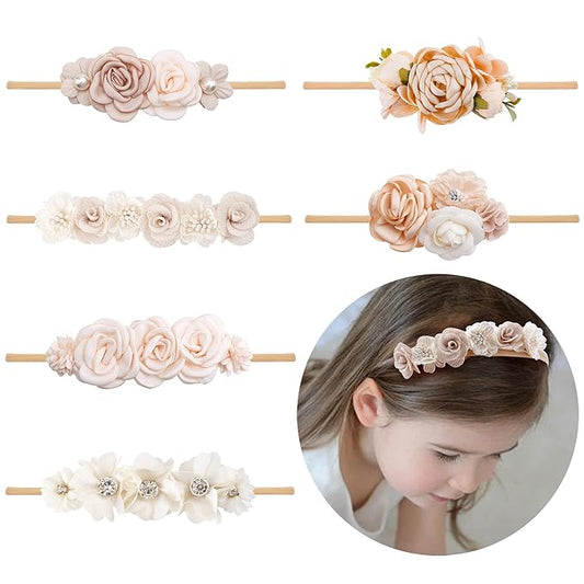 Baby Girl Flower Headband 6 PCS Elastic Hairbands Handmade Nylon Bows Headbands Chic Floral Hair Accessories Kids Gifts for Newborn Infant Toddlers
