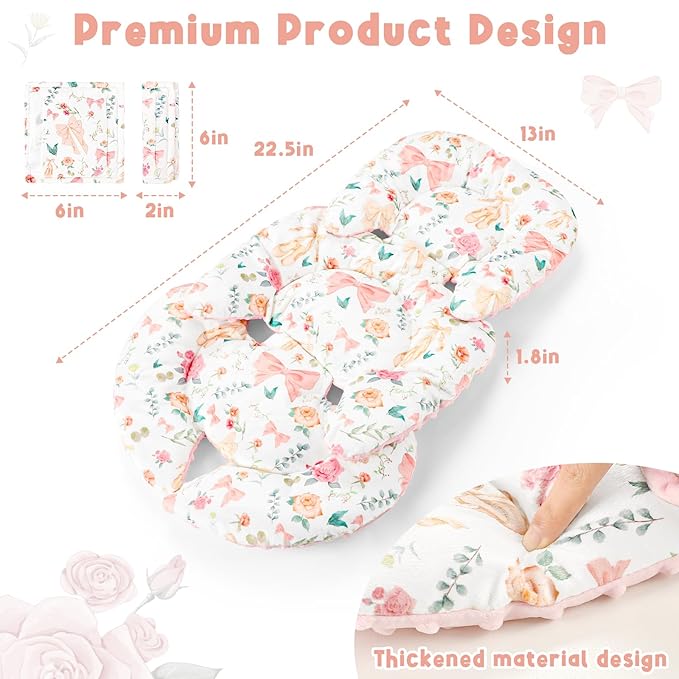 GFU Infant Car Seat Insert Head and Body Support, Reversible Newborn Insert for Carseat with Strap Pads, Soft Stroller Cushion Pillow Insert for Boys and Girls, Fits for Stroller, Swing, Pink Bow
