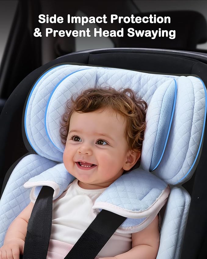 Infant Car Seat Insert Adjustable Head Support for Preemie Newborn Toddler, Reversible Baby Head Body Support Cushion for Carseats and Strollers Side Impact Protection - Light Blue