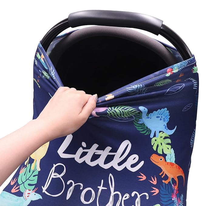 Baby Car Seat Cover for Boys, Little Brother Car Seat Canopy, Multiuse Nursing Covers, Dinosaur Theme Infant Carrier Cover Summer, Breastfeeding Scarf Newborn, Ultra-Soft Breathable