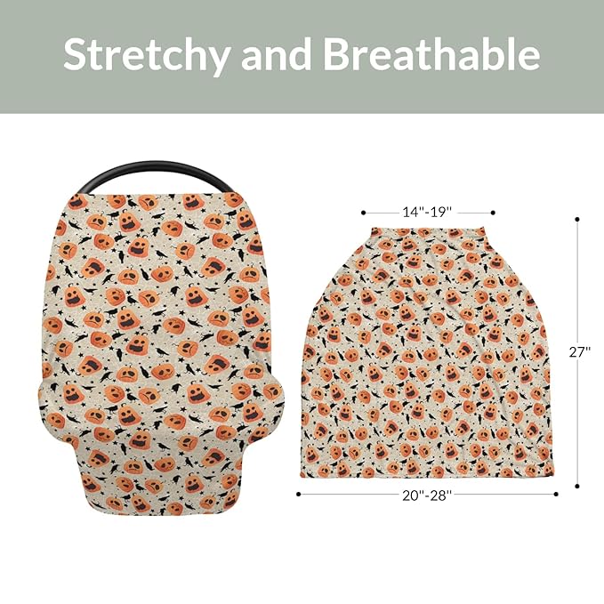 Halloween Pumpkin Black Crows Car Seat Cover for Babies Orange Pumpkins Stars Stretchy 5-in-1 Cover Adjustable Car Canopy Cover Spooky Halloween Breathable Nursing Cover-Up