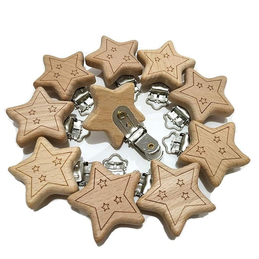 20pcs Natural Wood Suspender Pacifier Clips Cute Beech Wooden Animal Start Shape Clips DIY Beading Pacifier Chain Accessory