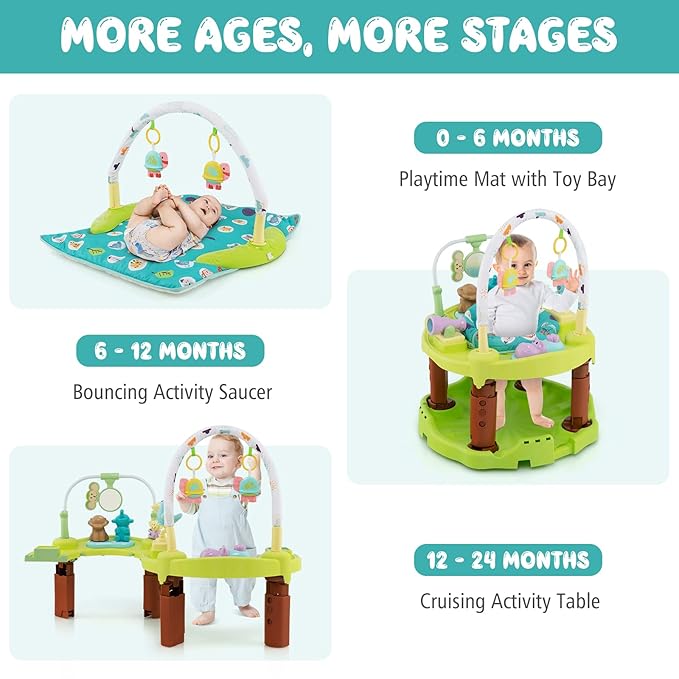 GLACER 3-in-1 Baby Activity Center, Toddler Play Center w/Bouncing Saucer, Activity Table & Play Mat, Folding Infant Learning Center w/ 3-Level Adjustable Height for 6-12 Months, Green