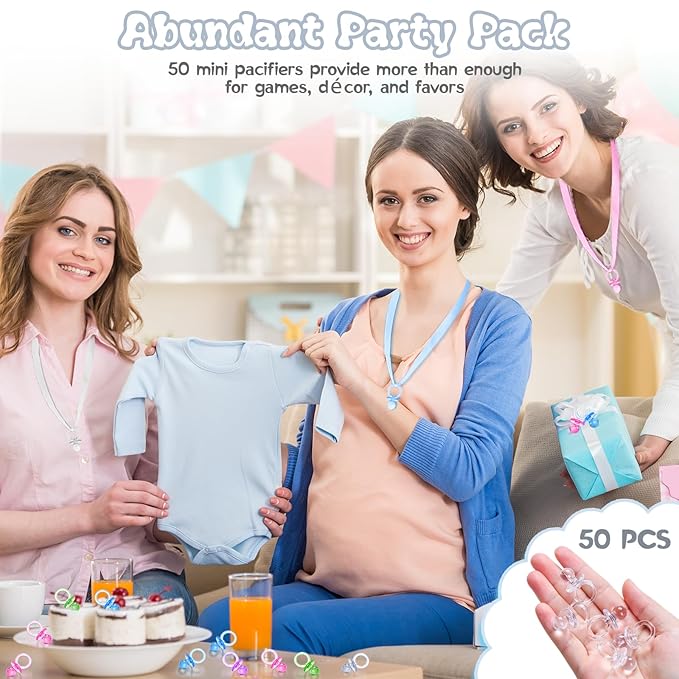 50 Pcs Mini Pacifiers Baby Shower Games, 1.25 Inch Cute Baby Shower Pacifiers, Bulk Acrylic Pacifier for Party Table Scatter, Pacifier Hunt Game, Gender Reveal Decoration Party Favors(Clear)