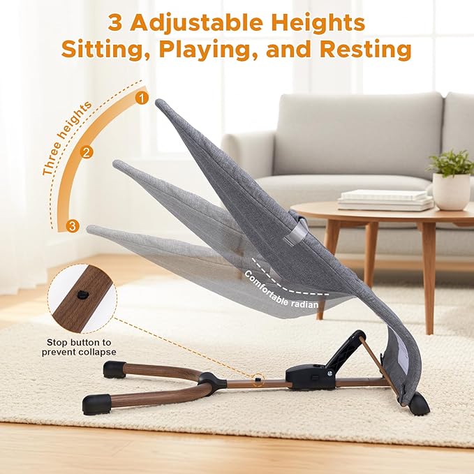 Portable Baby Bouncer, Bouncer Seat for Babies 0-12 Months, 3 Recline Positions, Foldable Baby Rocker Chair with Removable Wooden Bar, Gray