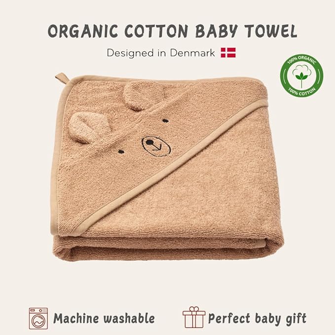 Hooded Baby Towel - 100% Organic Cotton Baby Bath Towels – Baby Towels, Baby Bath Towels for Baby Boy, Baby Girl, 32" x 32" Super-Soft and Absorbent Baby Towels for Newborn (Bear - Natural)