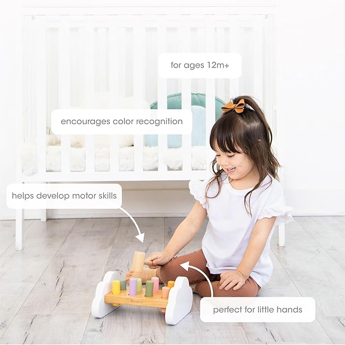 Pearhead Montessori Hammer Bench, Must Have Baby, Toddler Stocking Stuffers, Pounding and Hammering Wooden Toy, Early Developmental Interactive Toddler Toys for Ages 1+ Years