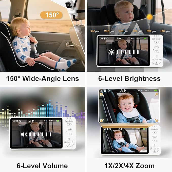 2000mAh Wireless Baby Car Camera 3500mAh Monitor Auto On/Off Car Baby Camera Monitor No Wifi - Carseat Mirror with Brightness Volume Zoom/Night Vision/Temp/Feeding/2-Way Talk/8 Lullaby/Vox
