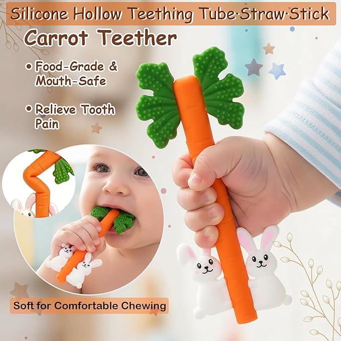 Baby Teething Toys Silicone Carrot Rabbit Hollow Teething Tubes -Sensory Chew Toys Over 3 Months - Teether Straws for Teething Relief -BPA Free Infant Toys Baby Shower Gifts Baby Essentials (1)