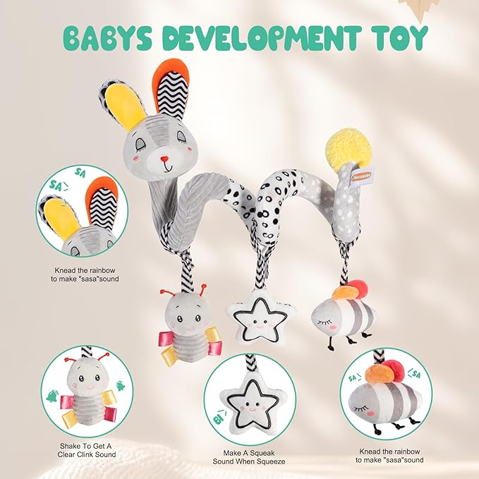Baby Spiral Activity Toy, Stroller & Car Seat Hanging Toy for 0-12 Months, High Contrast Newborn Sensory Toy with Rattle & Crinkle Paper, Infant Travel Plush Toy for Crib Bassinet
