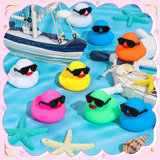 Hiboom 300 Pack Mini Rubber Ducks Set Bath Toys in Bulk with Sunglasses Float Squeak Tiny Baby Shower Rubber Duck Bathtub Pool Toy for Kids Party Birthday Supplies Prize Rewards(Colorful)