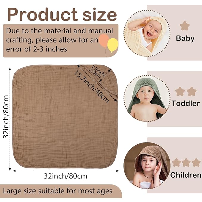 Peryiter 4 Pcs Muslin Hooded Baby Towels 32 x 32 Inch Cotton Newborn Bath Essentials Muslin Infant Blankets Absorbent Registry Gifts for Girl Boy Kids Baby Shower (Green)