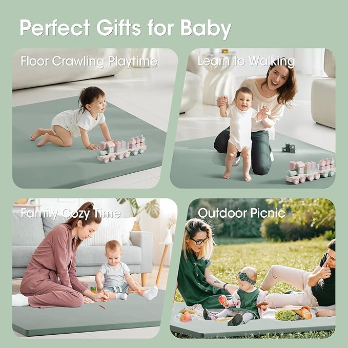 Comehealthy Baby Play Mat for Floor, 50x50 Vegan Leather Playpen Mat, Thickened Foam Cushioned Mat for Infants and Toddlers, Waterproof, Non-Slip & Stylish Playmat for Babies, Easy to Clean, Green