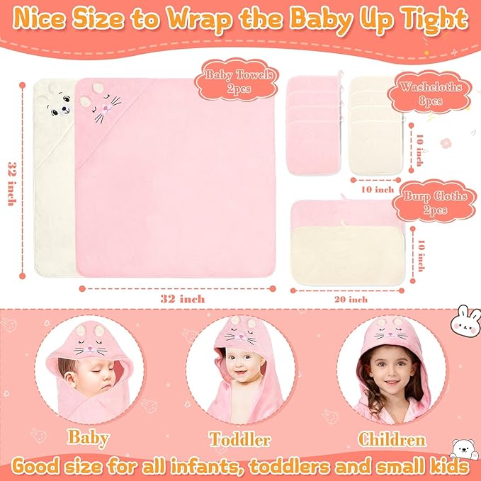Flasoo 12 Pcs Baby Bath Towels Set for Infants Toddlers, 2 Pcs Animal Hooded Bath Towel, 2 Pcs Baby Burp Cloths & 8 Pcs Washcloths Set, Absorbent Soft Newborn Gift for Boys & Girls (Kitten & Bear)