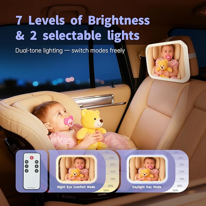 Baby Car Mirror with Remote Control Light, Shatterproof, 360° Adjustable Wide View with Night Vision, Easy Install for Rear Facing Infant Backseat