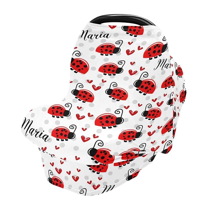 Personalized Ladybug Baby Car Seat Covers with Name, Custom Multiuse Nursing Breastfeeding Car seat Canopy, Infant Stroller Covers for Newborn Girl Boy, Ultra-Soft Breathable, Nursing Scarf