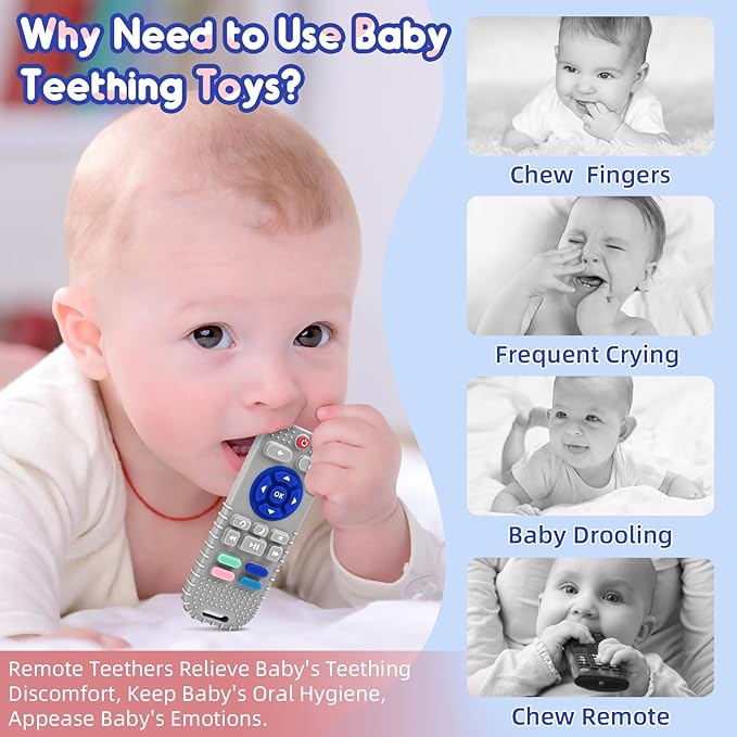 Teething Relief Teethers Toys for Babies 3 6 9 12 Months Gifts Essentials, Silicone Sensory Remote Control Baby Chew Toy for Newborn Infant Boy Girl Autism Birthday Gift, Gray & Pink