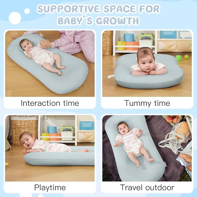 Lucakuins Infant Support Cushion, 0-24 Months Newborn Baby Support Cushion with Cover, Portable Playing Time Mat for Home and Travel, Soft Cotton, Supervised Use, Baby Essentials Gift (Grayish Blue)