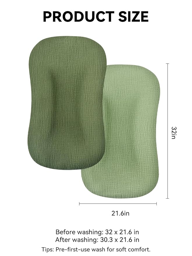 TILLYOU Muslin Baby Lounger Cover, 100% Cotton Newborn Lounger Cover, 2 Pack Baby Nest Slipcover for Boys Girls, Cover Only, Forest Green and Light Green