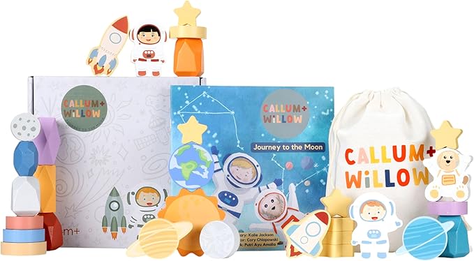 Toddler 30 Piece Stacking Wood Blocks Space Gift - Montessori 2 Year Old Fine Motor Skills Toy Learning Stacking Shape Sorter Sensory Preschool Busy Journey to the Moon (Book and Block Set, Wood)