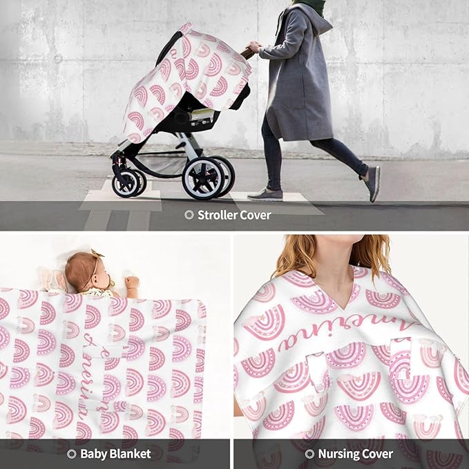 Personalized Rainbow Baby Car Seat Canopy for Girls, Custom Name Baby Carseats Cover, Multi-use Nursing Covers Breastfeeding Scarf for Infant Newborn, Strollers Carseat Canopies
