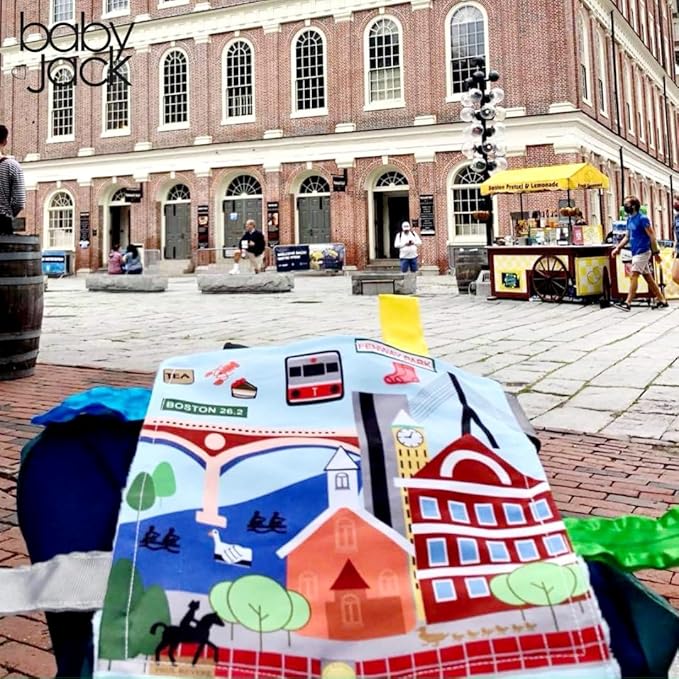 Baby Jack & Co 8x8” Learning Lovey Boston Massachusetts Tag Toys for Babies - Baby Crinkle Toys - Soft & Safe - Learn USA Cities and Shapes - Ideal Baby Toy & Gift BPA Free w/Stroller Clip