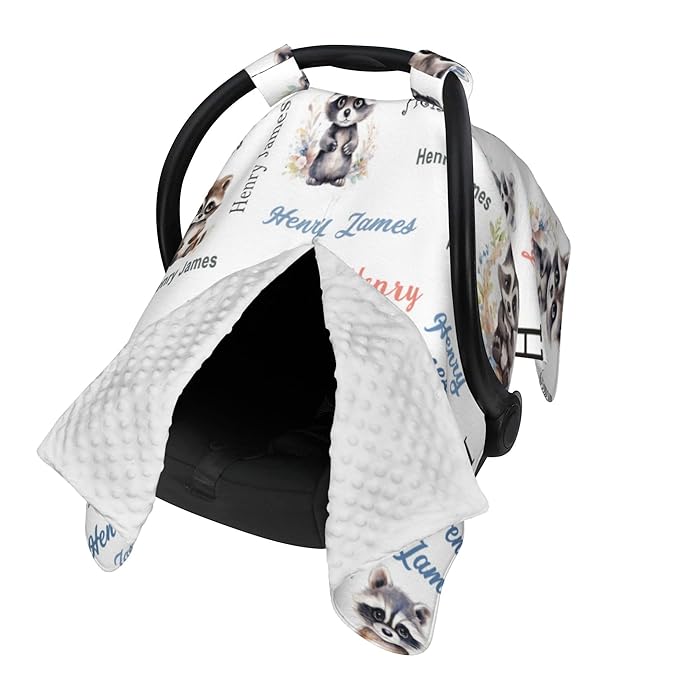 Personalized Winter Baby Car Seat Cover with Name Raccoon Winter Car Seat Cover for Baby Seat or Stroller Custom Infant Car Seat Covers Minky Blankets Nursing Cover Breastfeeding Scarf