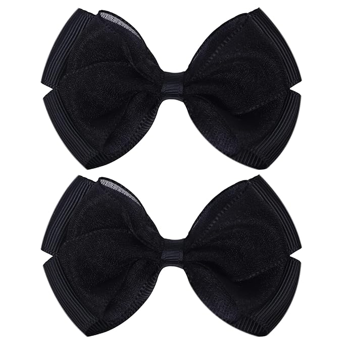 Tiny 3 Inch Organza Double Hair Bow Clips - Lined Boutique Alligator Hairpin for Baby Girls, Toddlers, and Little Teens - Kids Barrettes Set of 2 Small Stylish (Black)