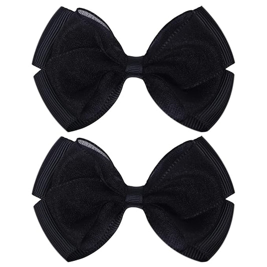 Tiny 3 Inch Organza Double Hair Bow Clips - Lined Boutique Alligator Hairpin for Baby Girls, Toddlers, and Little Teens - Kids Barrettes Set of 2 Small Stylish (Black)