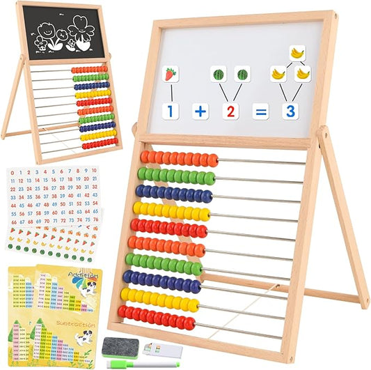 Wooden Abacus for Kids Math - Double-Sided Blackboard Whiteboard Magnetic Abacus with 100 Magnetic Number & Fruit Stickers - Educational Counting Games Kids Gift